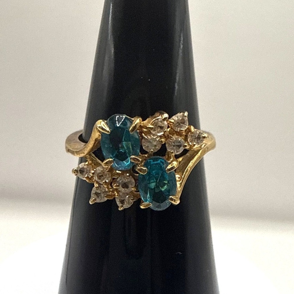 Gold Tone Blue Oval Stone Bypass Cocktail Ring Clear Crystal Accents Size 5.75